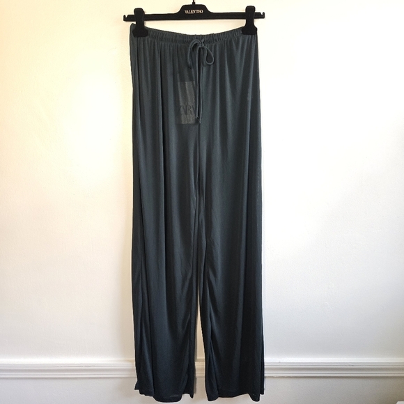 New Zara Pull-On Semi-Sheer Elastic Waist Wide Leg Dark Green Pants Small NWT - Picture 3 of 5